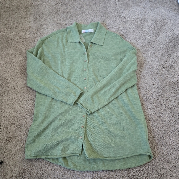 NWT Free People Beach Oversized Green Button Up Cotton Linen Sweater Size Medium - Picture 8 of 15